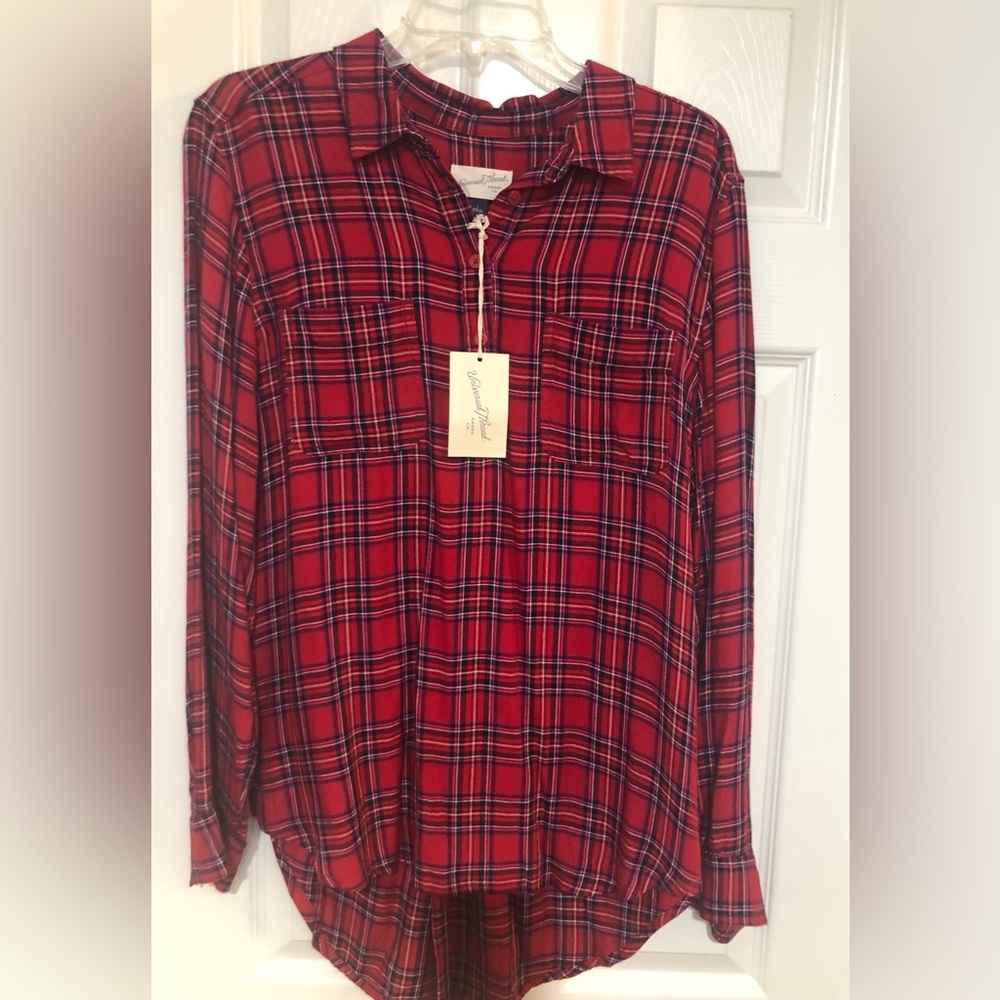 Red Plaid Long Sleeve maternity Shirt.